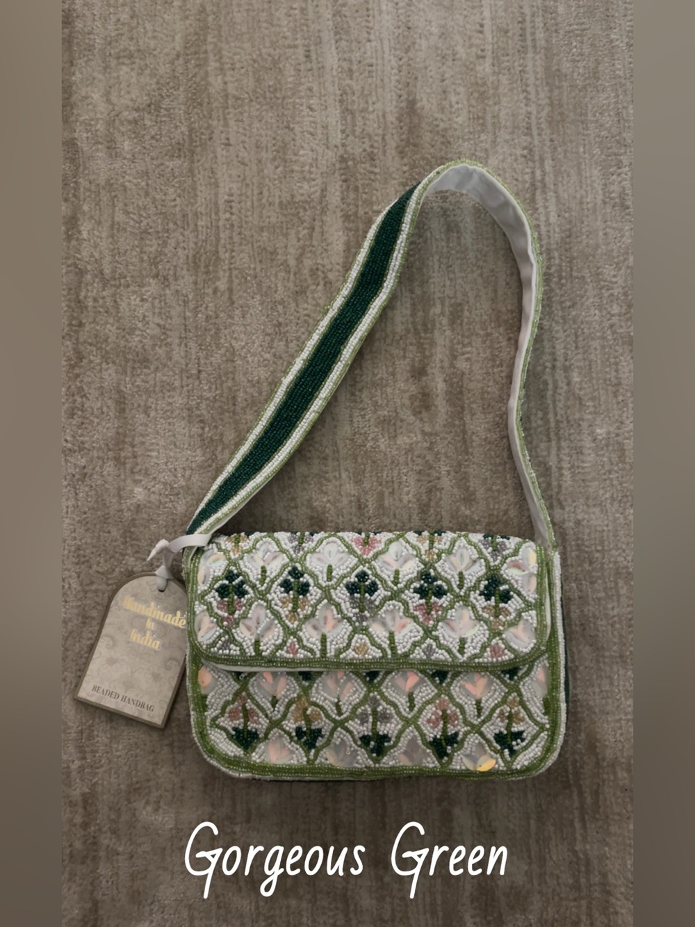 💚Handmade JUST RELEASED Green Floral Beaded Bag